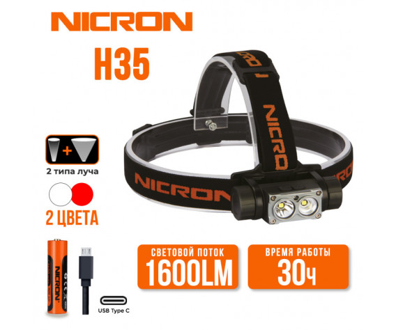 Фото: “Светодиодный двухлучевой налобный  фонарик NICRON H35”, купить в интернет магазине