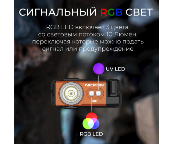 Фото: “Светодиодный налобный фонарик с УФ и RGB NICRON D10 оранжевый 500 лм”, купить в интернет магазине