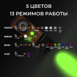 Фото: “Светодиодный налобный фонарик с УФ и RGB NICRON D10 оранжевый 500 лм”