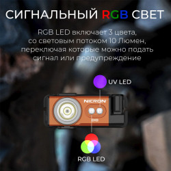Фото: “Светодиодный налобный фонарик с УФ и RGB NICRON D10 оранжевый 500 лм”